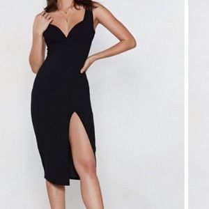 Black Plunge midi dress with thigh slit